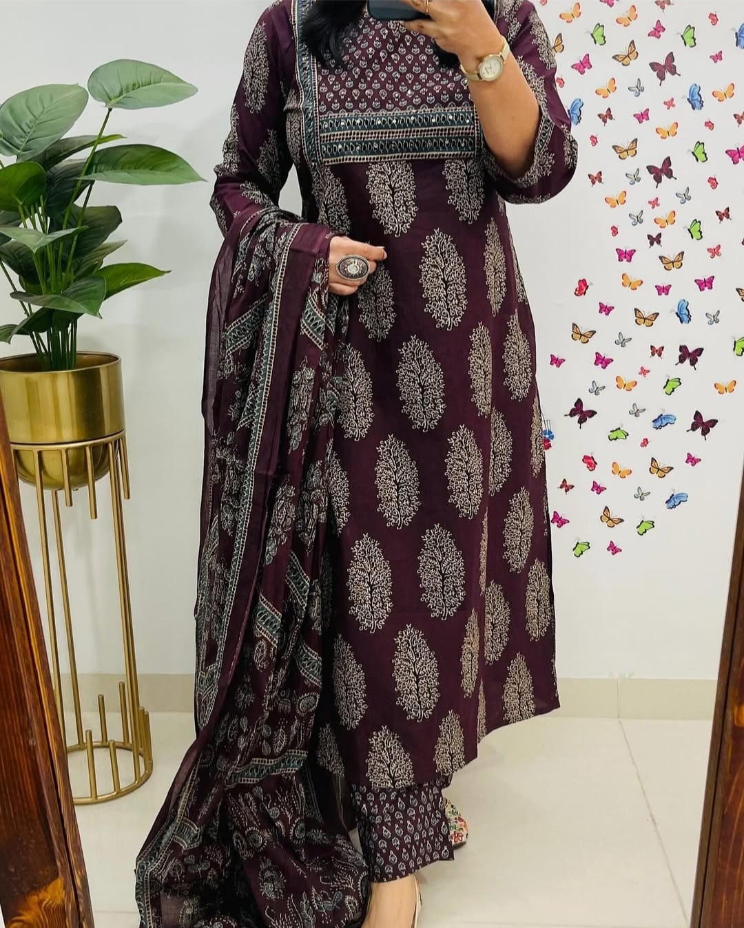 Traditional Cotton Embroidered Wine Kurta Pant Set with Dupatta