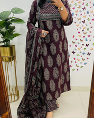 Traditional Cotton Embroidered Wine Kurta Pant Set with Dupatta