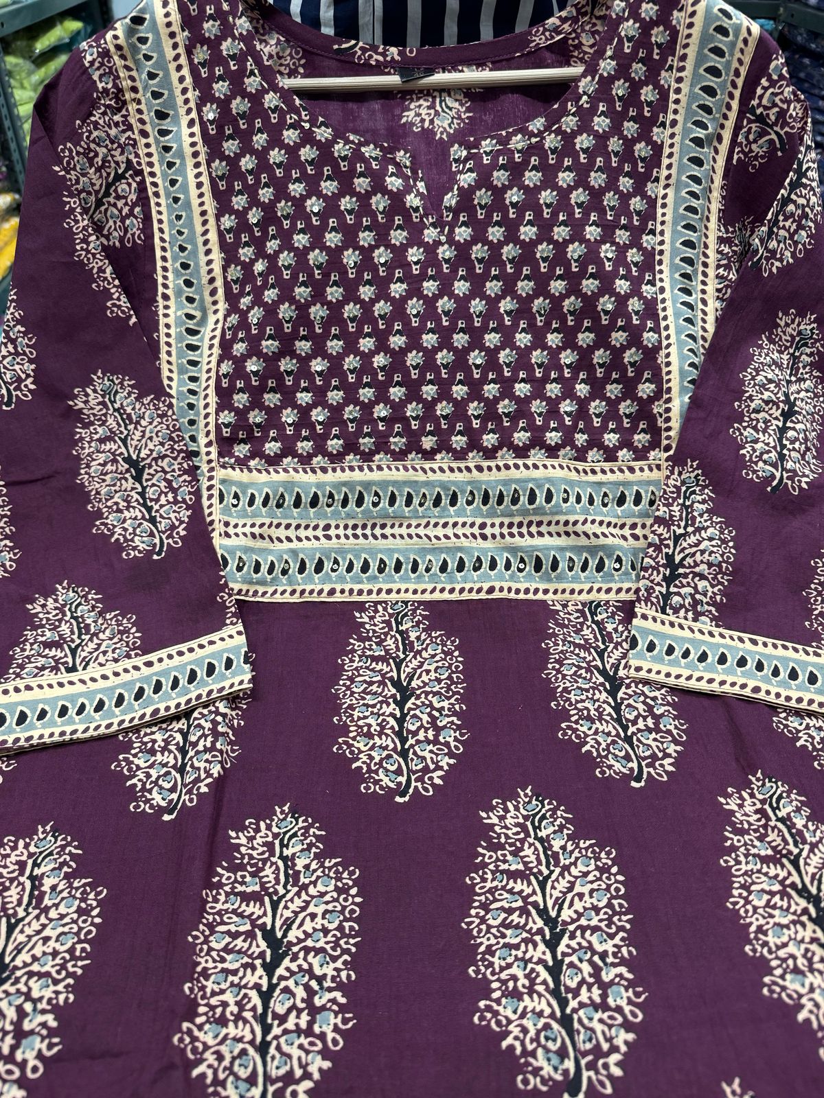 Traditional Cotton Embroidered Wine Kurta Pant Set with Dupatta