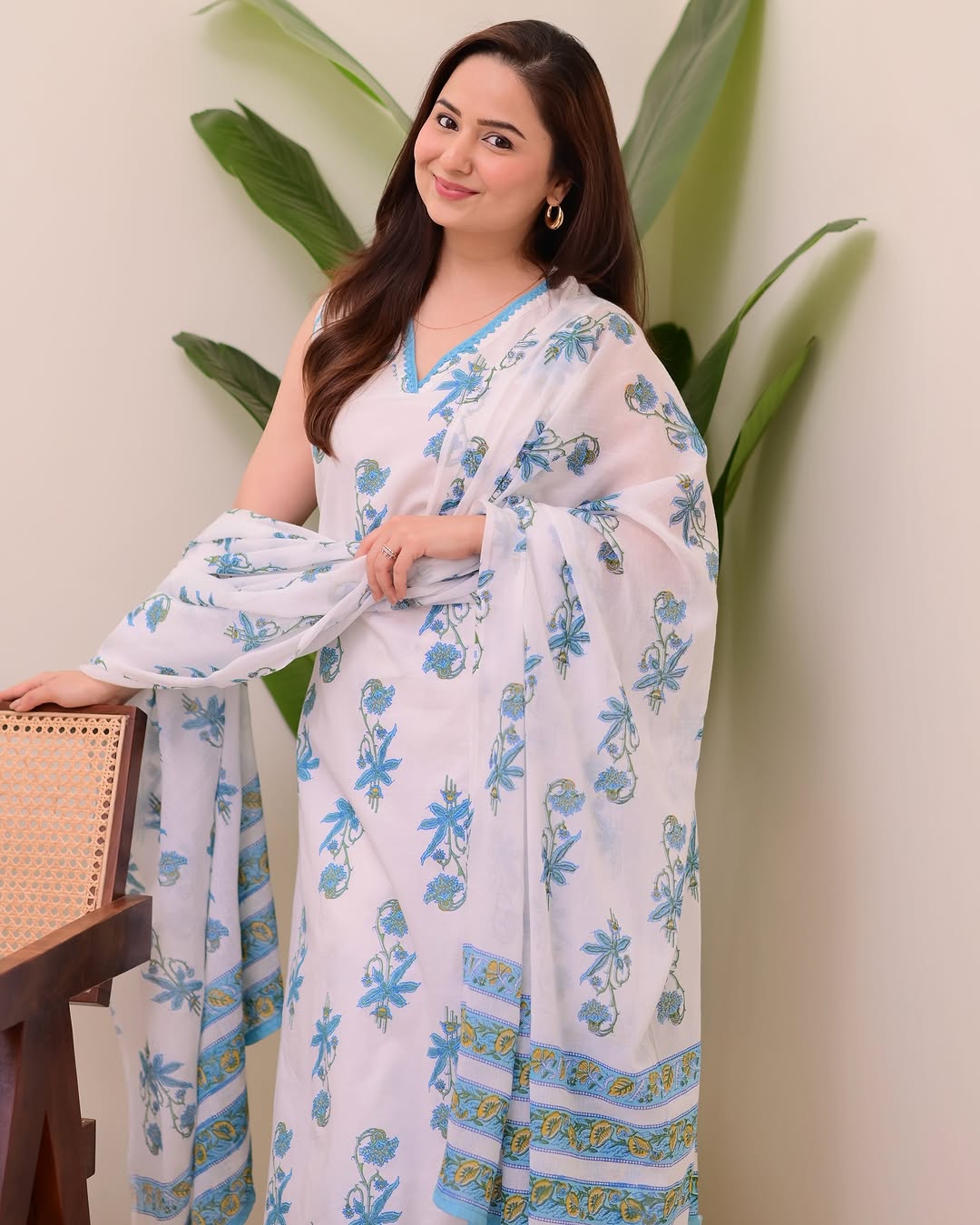 Handblock Cotton Blue Kurta Pant Set with Dupatta