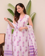 Handblock Cotton Pink Kurta Pant Set with Dupatta
