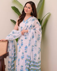 Handblock Cotton Blue Kurta Pant Set with Dupatta