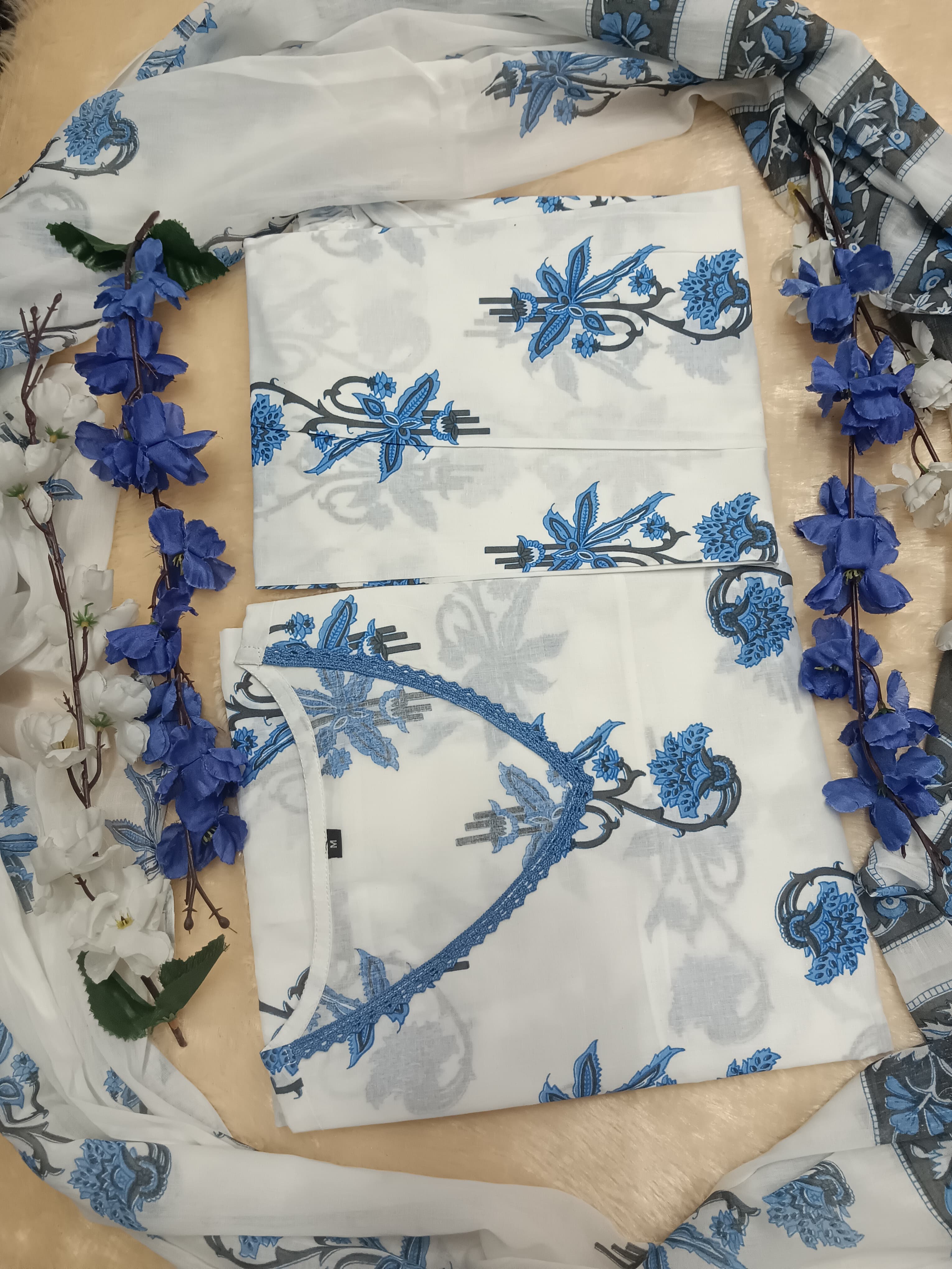 Handblock Cotton Blue Kurta Pant Set with Dupatta