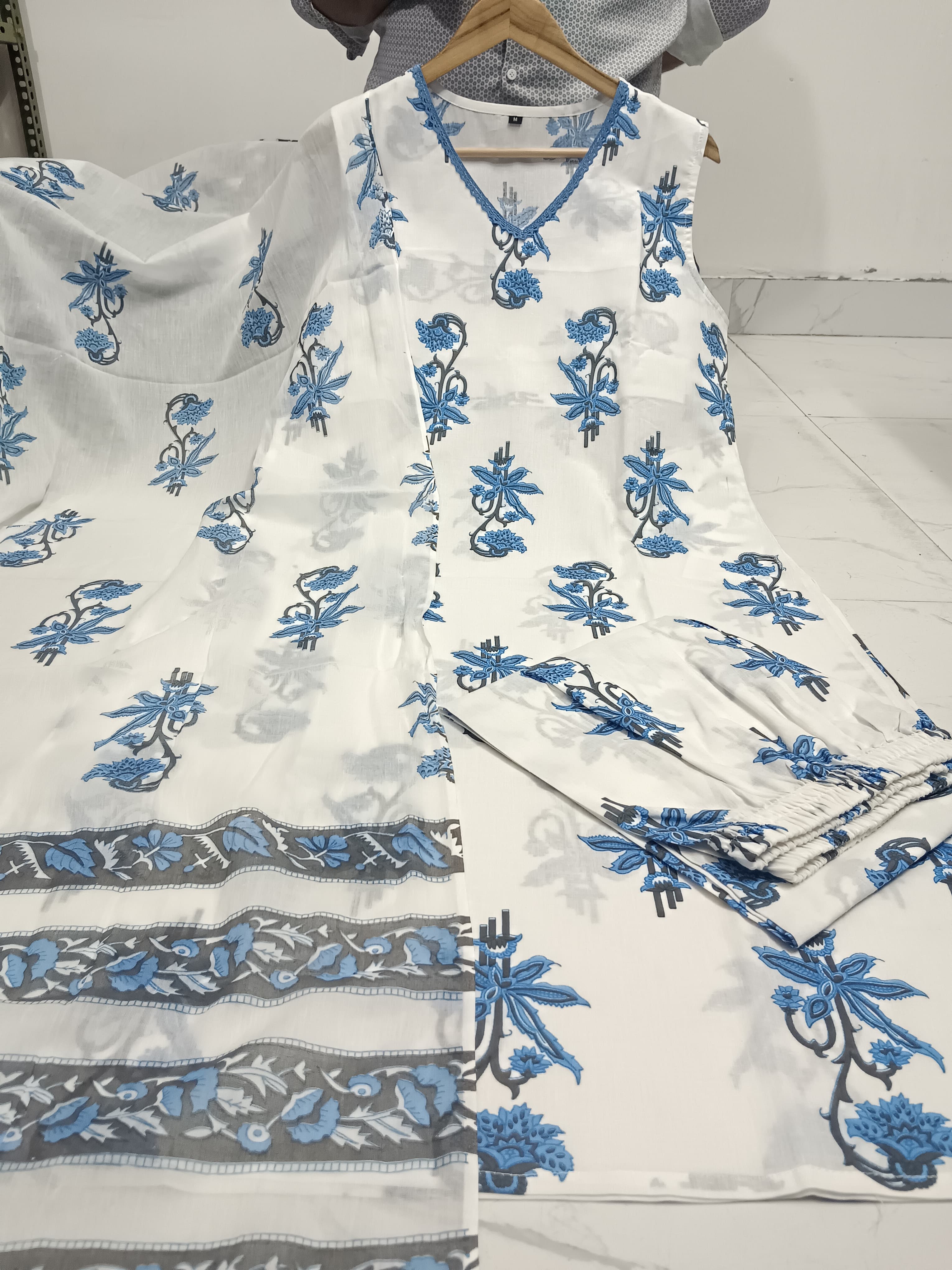 Handblock Cotton Blue Kurta Pant Set with Dupatta