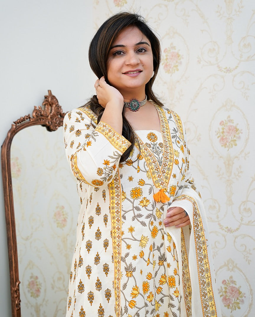 Yellow Floral Motif Printed Cotton kurta Pant Set with Dupatta