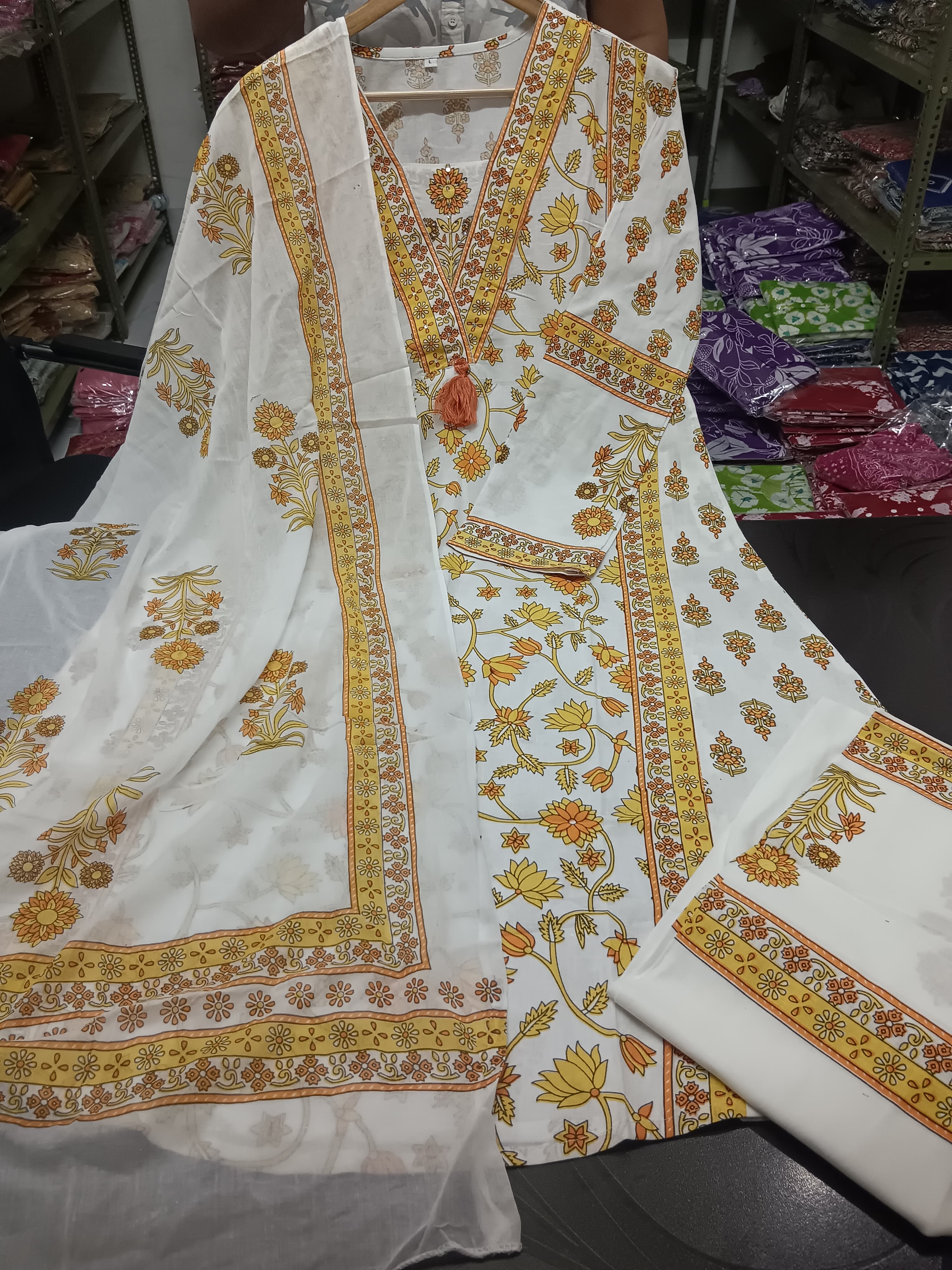 Yellow Floral Motif Printed Cotton kurta Pant Set with Dupatta