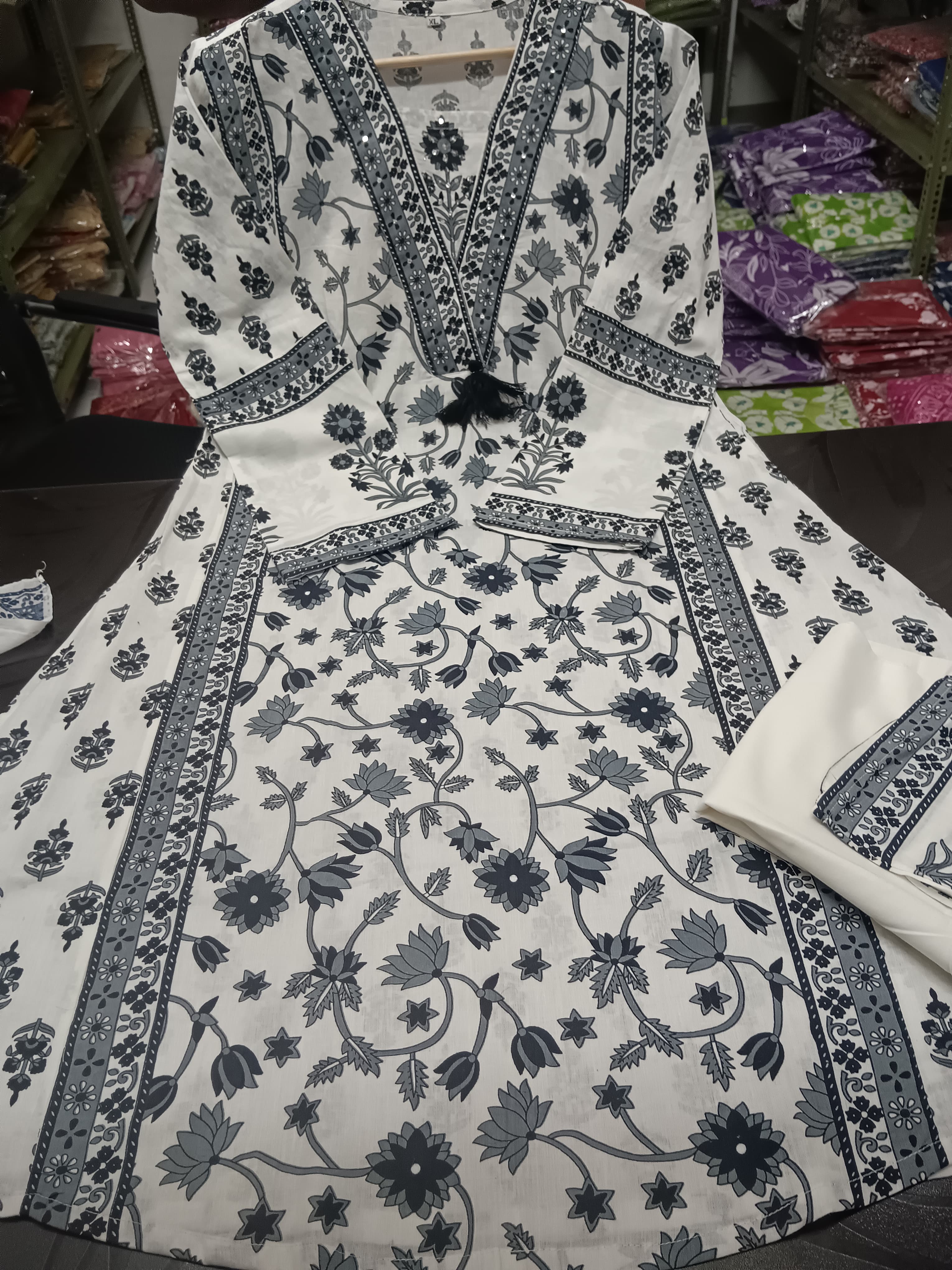 Grey Floral Motif Printed Cotton kurta Pant Set with Dupatta