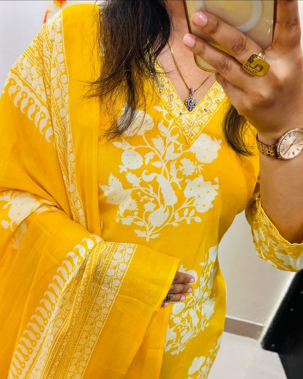 Yellow Bloom Cotton Sequence Suit Set