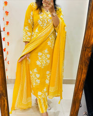 Yellow Bloom Cotton Sequence Suit Set