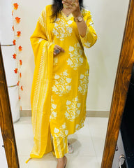 Yellow Bloom Cotton Sequence Suit Set