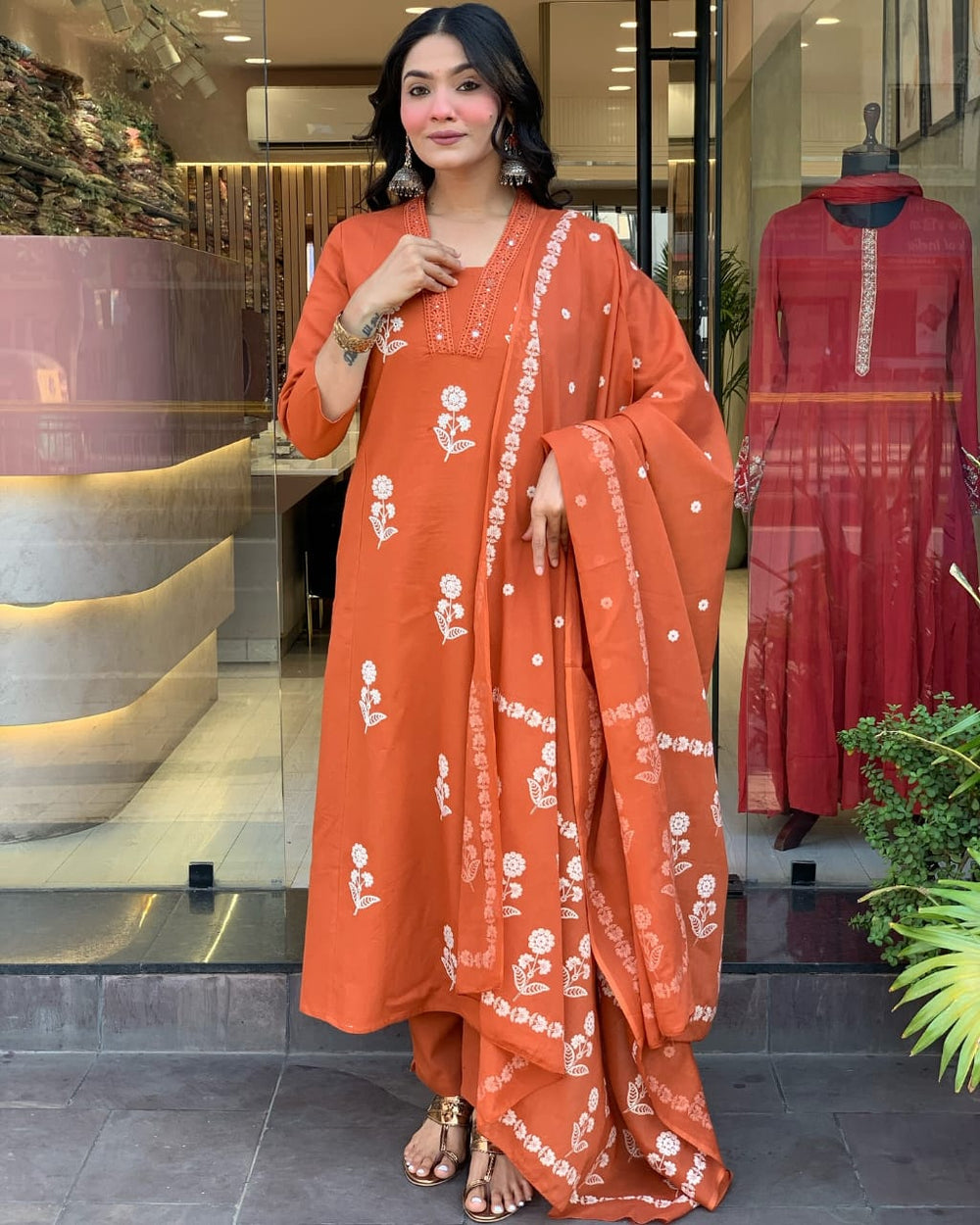 Cotton dupatta set, orange kurta pant with dupatta , suitkari