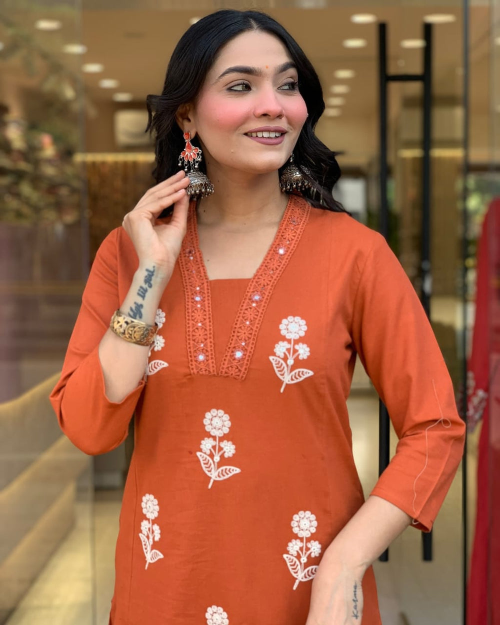 Cotton dupatta set, orange kurta pant with dupatta , suitkari