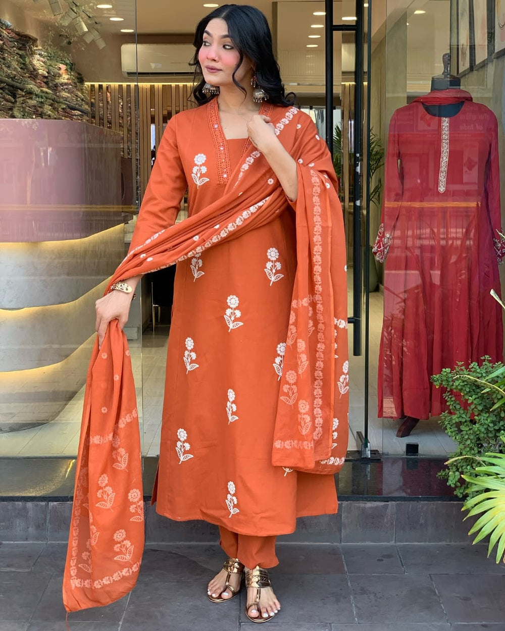 Cotton dupatta set, orange kurta pant with dupatta , suitkari