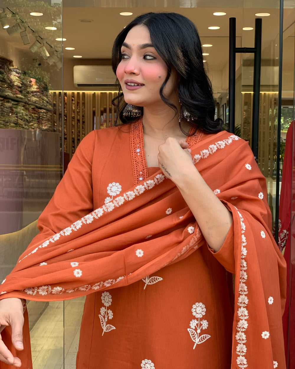 Cotton dupatta set, orange kurta pant with dupatta , suitkari