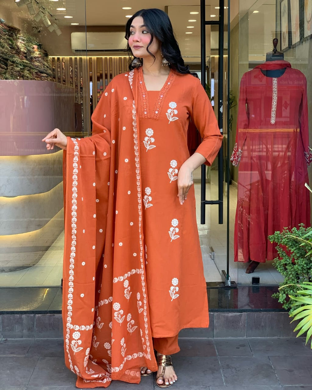 Cotton dupatta set, orange kurta pant with dupatta , suitkari