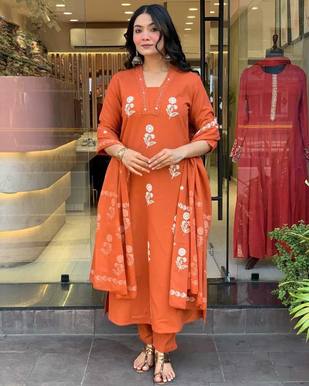 Cotton dupatta set, orange kurta pant with dupatta , suitkari