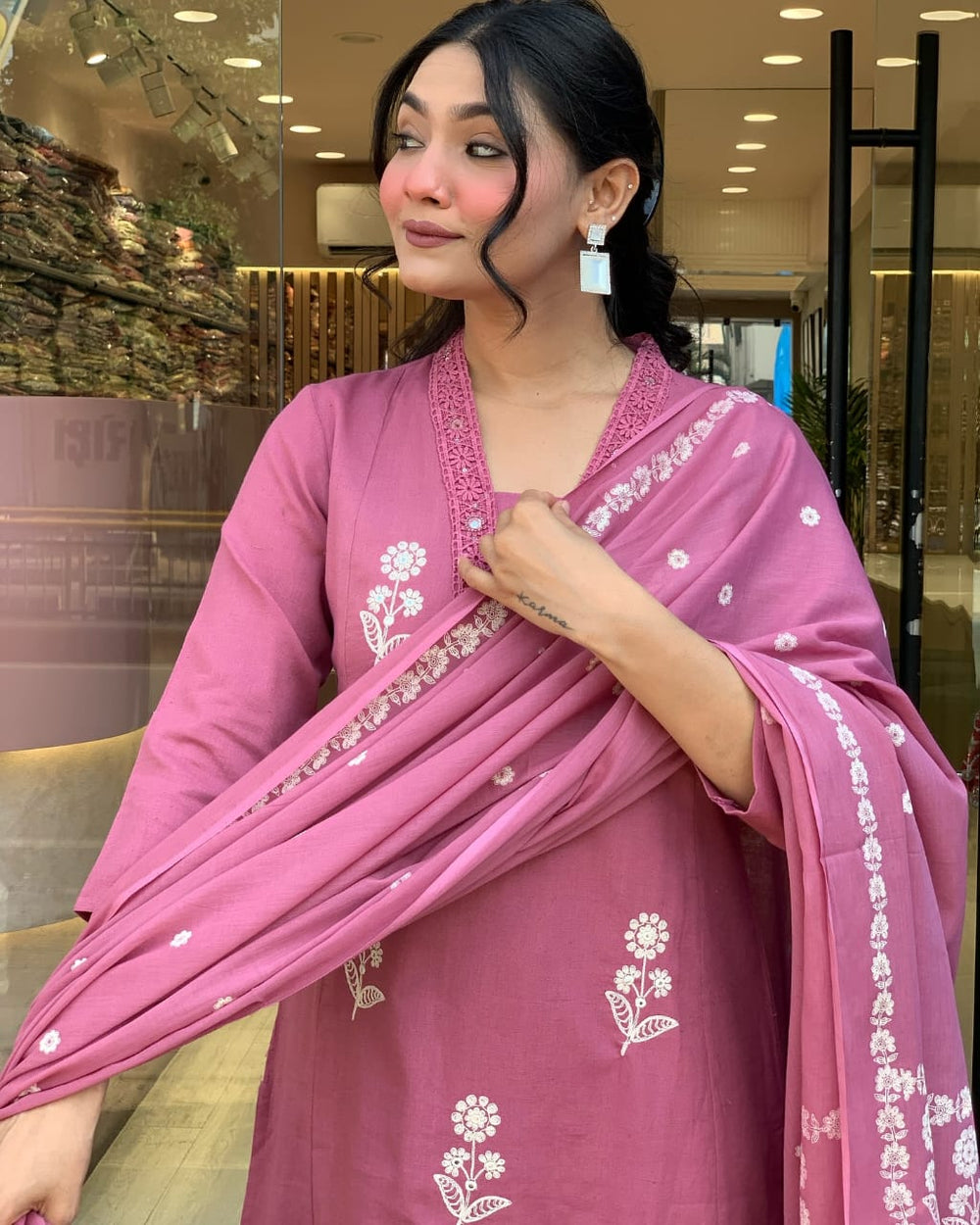 Pink dupatta set, Cotton kurta pant with dupatta , suitkari