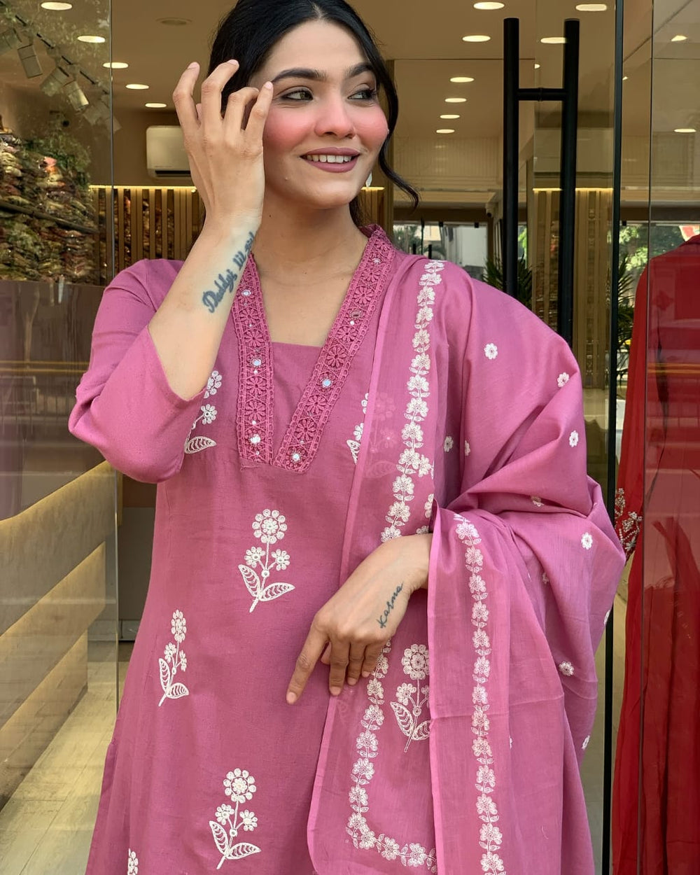 Pink dupatta set, Cotton kurta pant with dupatta , suitkari