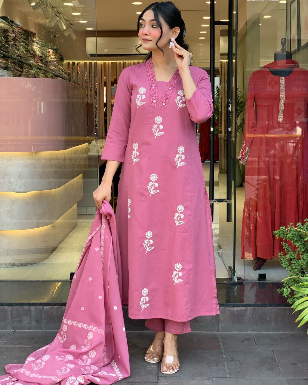 Pink dupatta set, Cotton kurta pant with dupatta , suitkari
