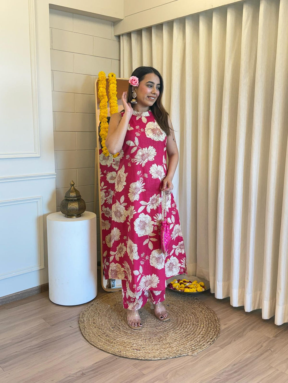 pink floral kurta set, cotton kurta set, suitkari