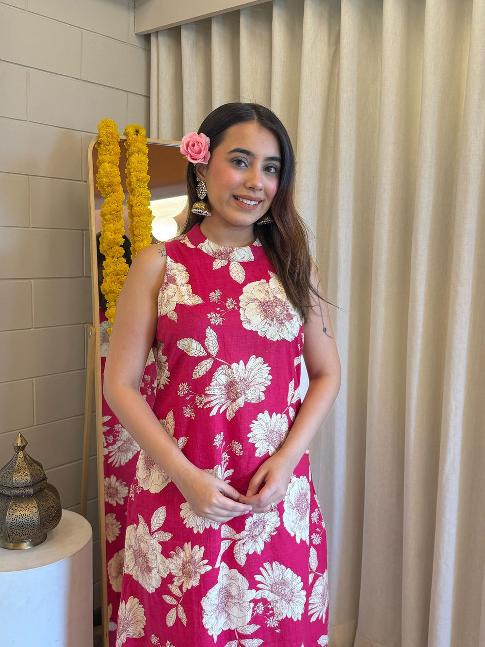 pink floral kurta set, cotton kurta set, suitkari