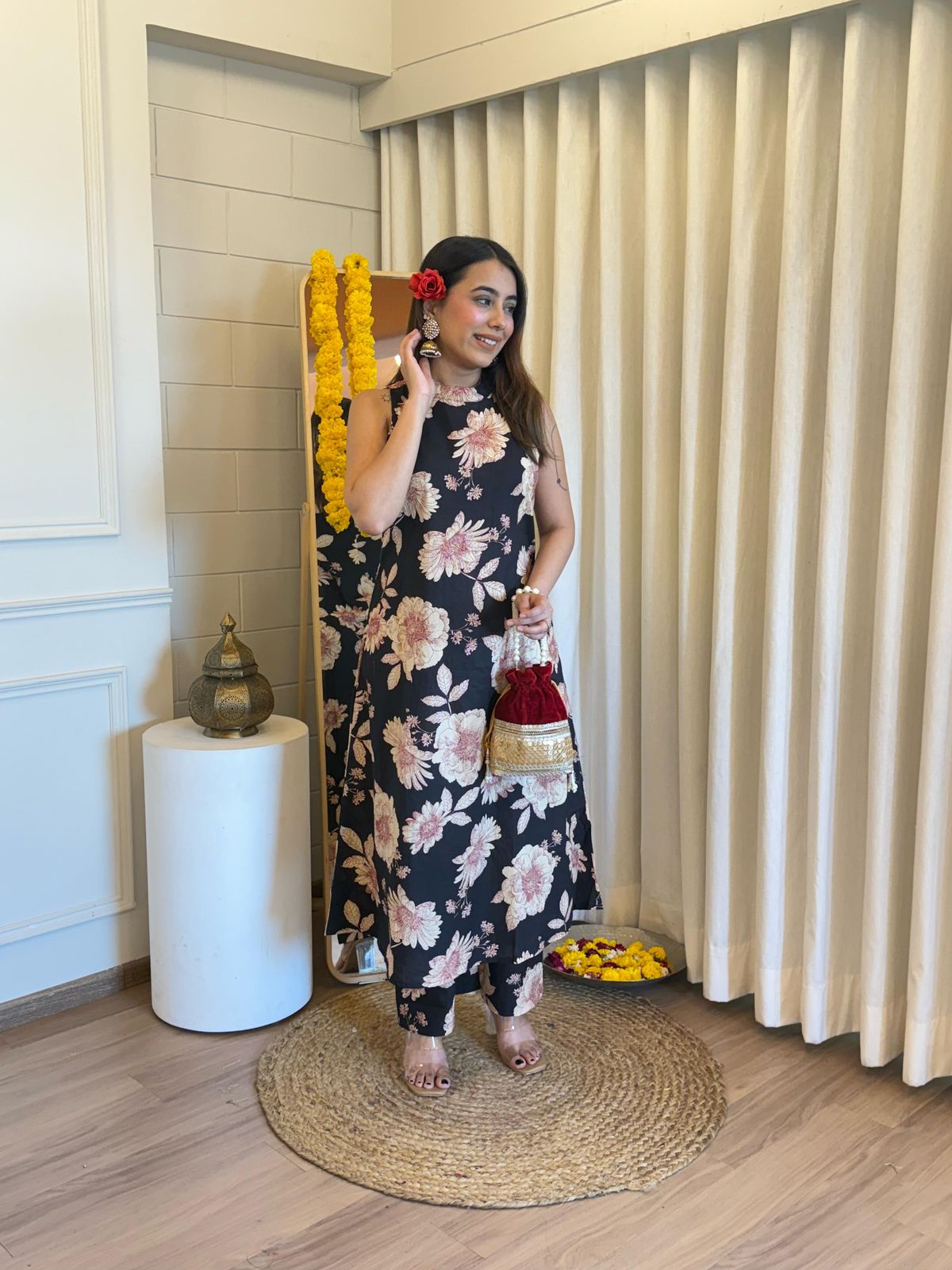 Ethnic Black Floral Sleeveless Kurta Set