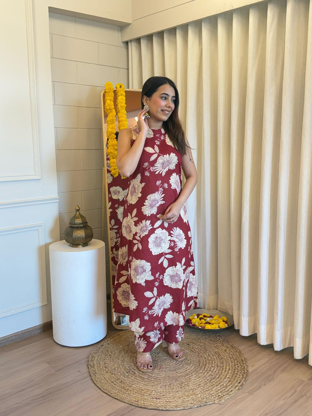 maroon kurta set, cotton kurta set, suitkari