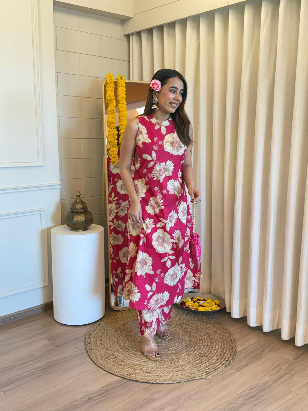 pink floral kurta set, cotton kurta set, suitkari