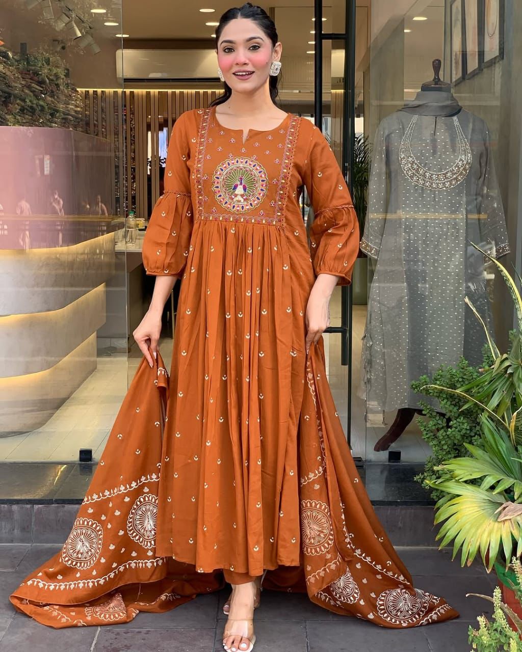 cotton dupatta set, orange dupatta set, suitkari