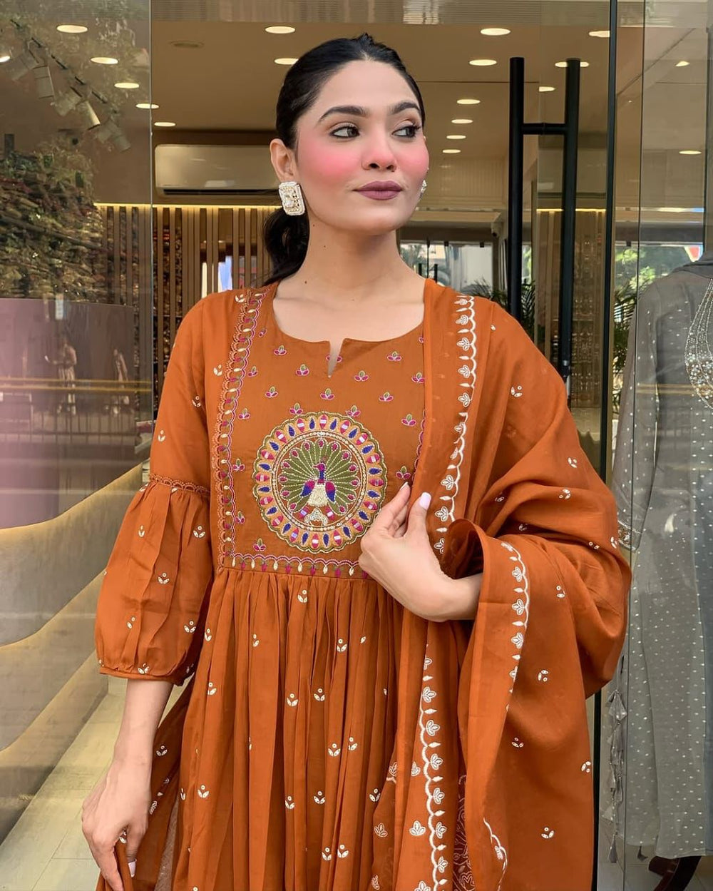 cotton dupatta set, orange dupatta set, suitkari