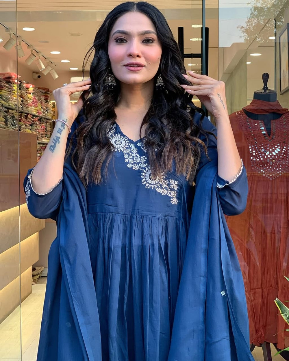 Blue Dupatta set, Long Dupatta Set, Suitkari