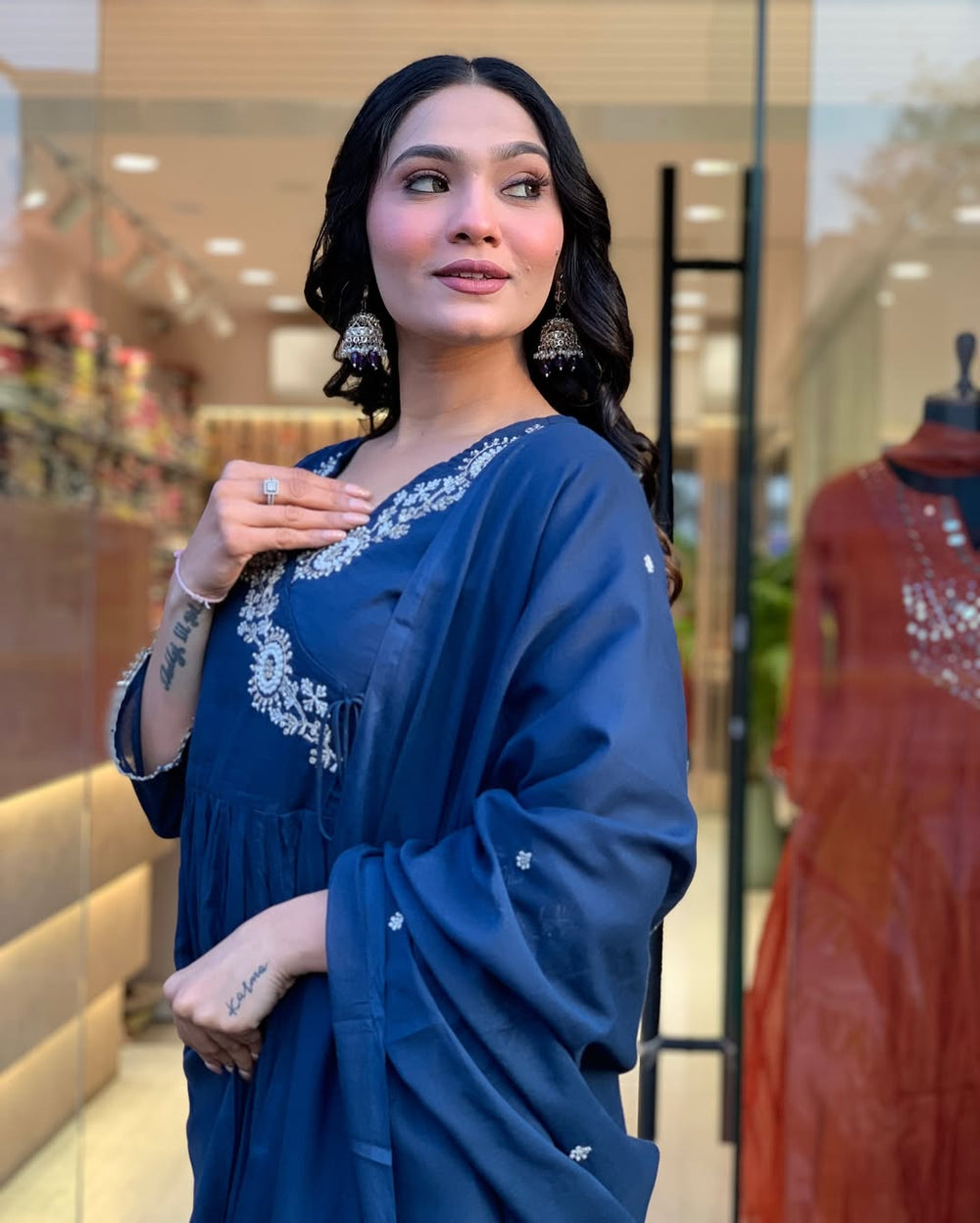 Blue Dupatta set, Long Dupatta Set, Suitkari