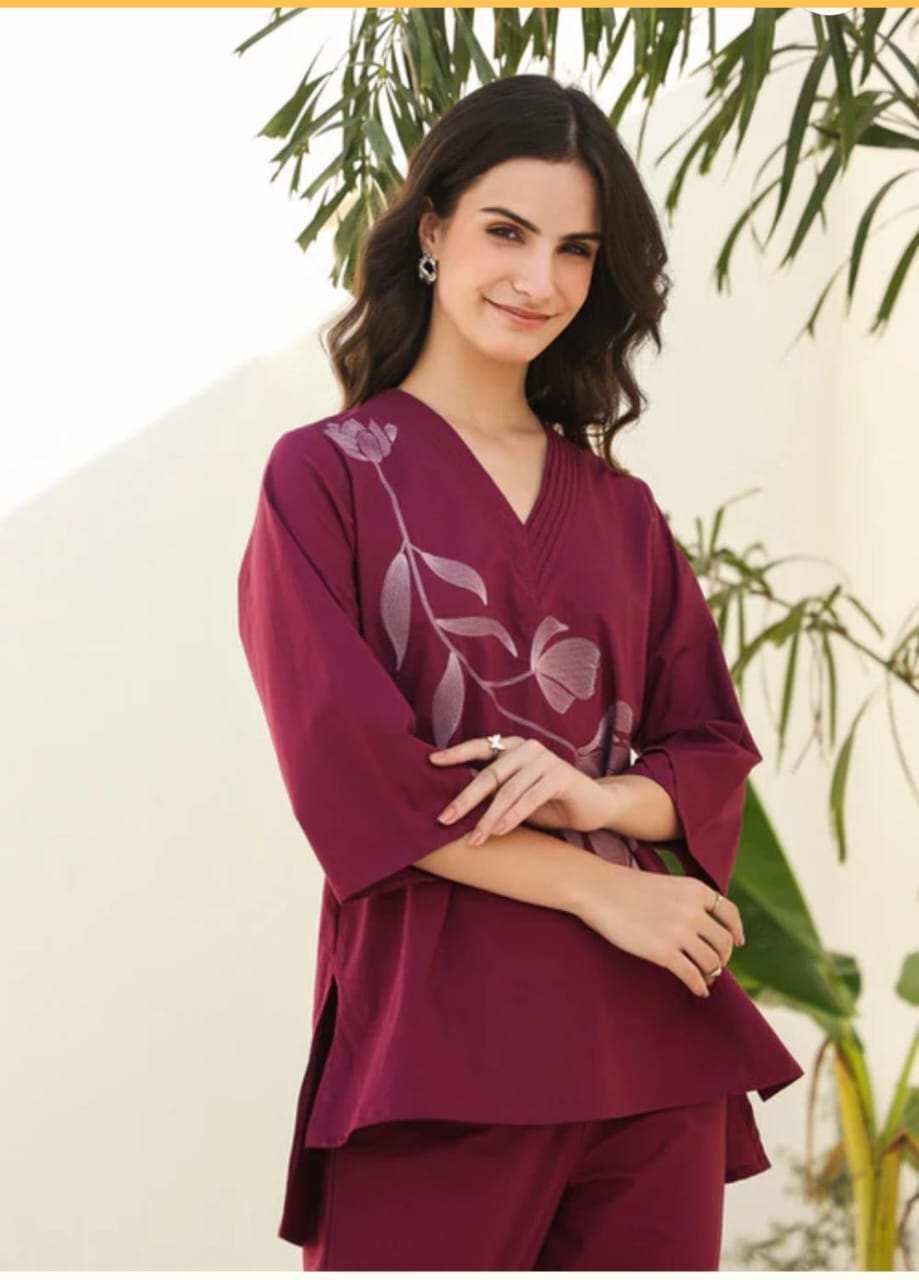wine kurta set, cotton kurta set, suitkari