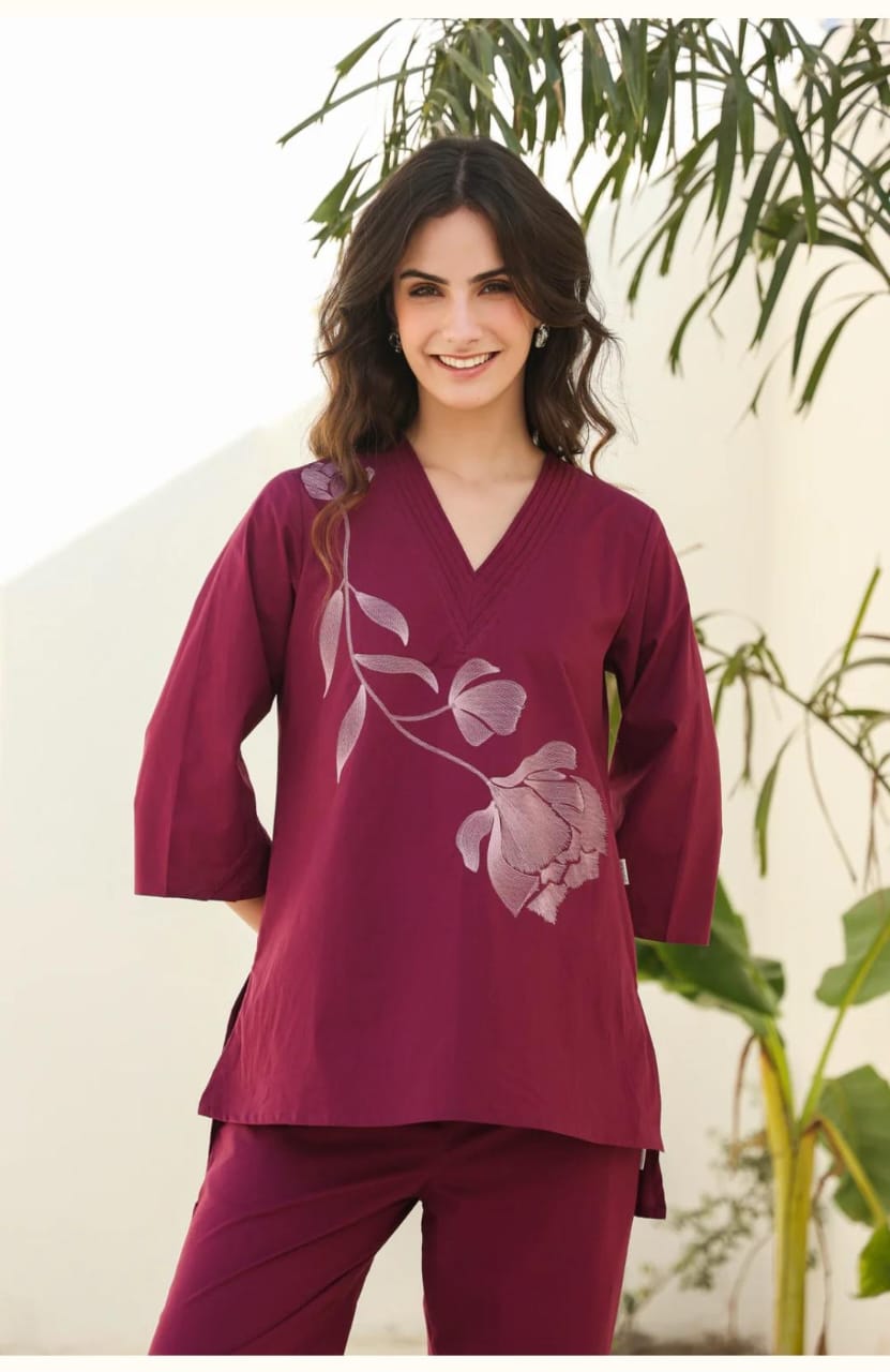 wine kurta set, cotton kurta set, suitkari