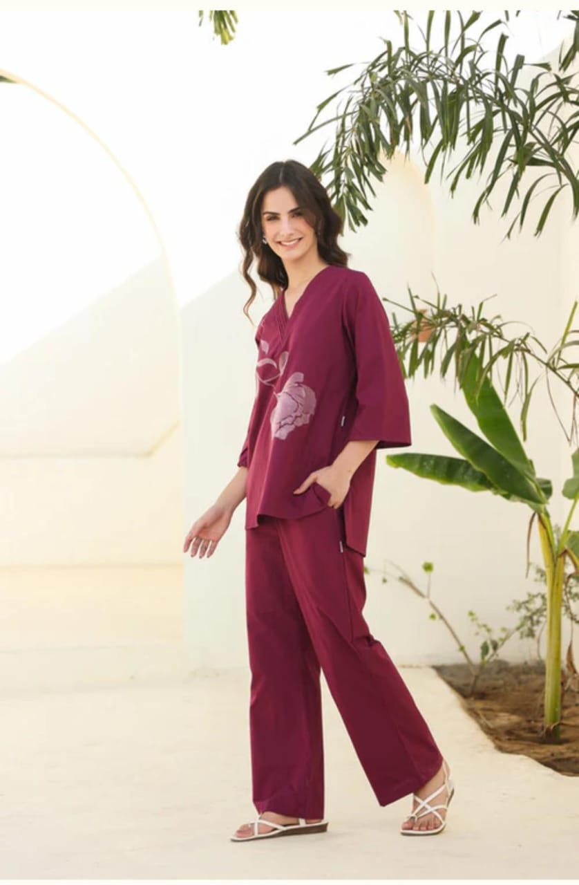 wine kurta set, cotton kurta set, suitkari
