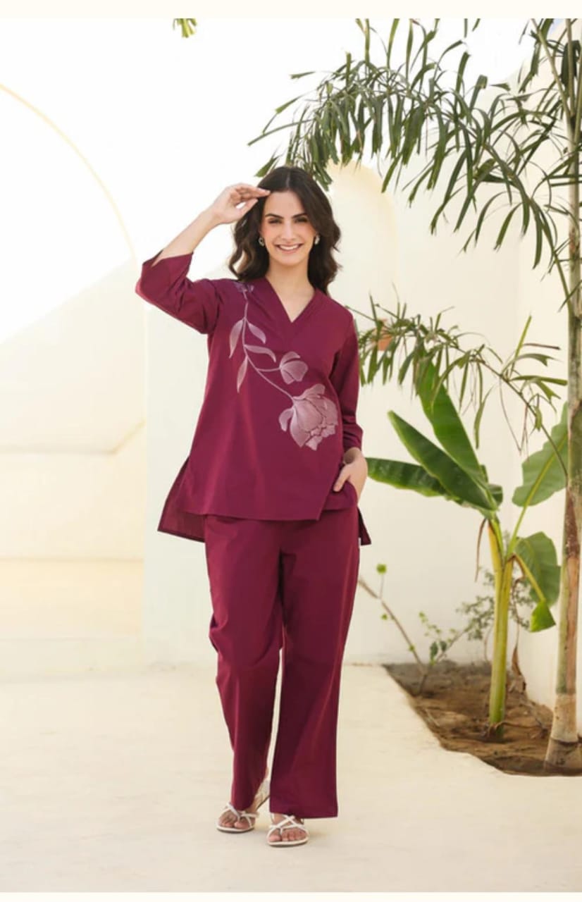 wine kurta set, cotton kurta set, suitkari