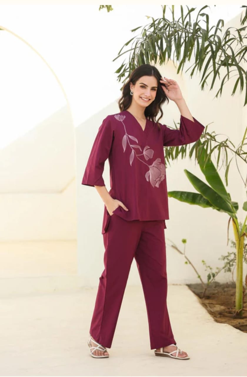 wine kurta set, cotton kurta set, suitkari