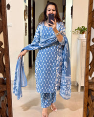 blue dupatta set, cotton dupatta set, suitkari