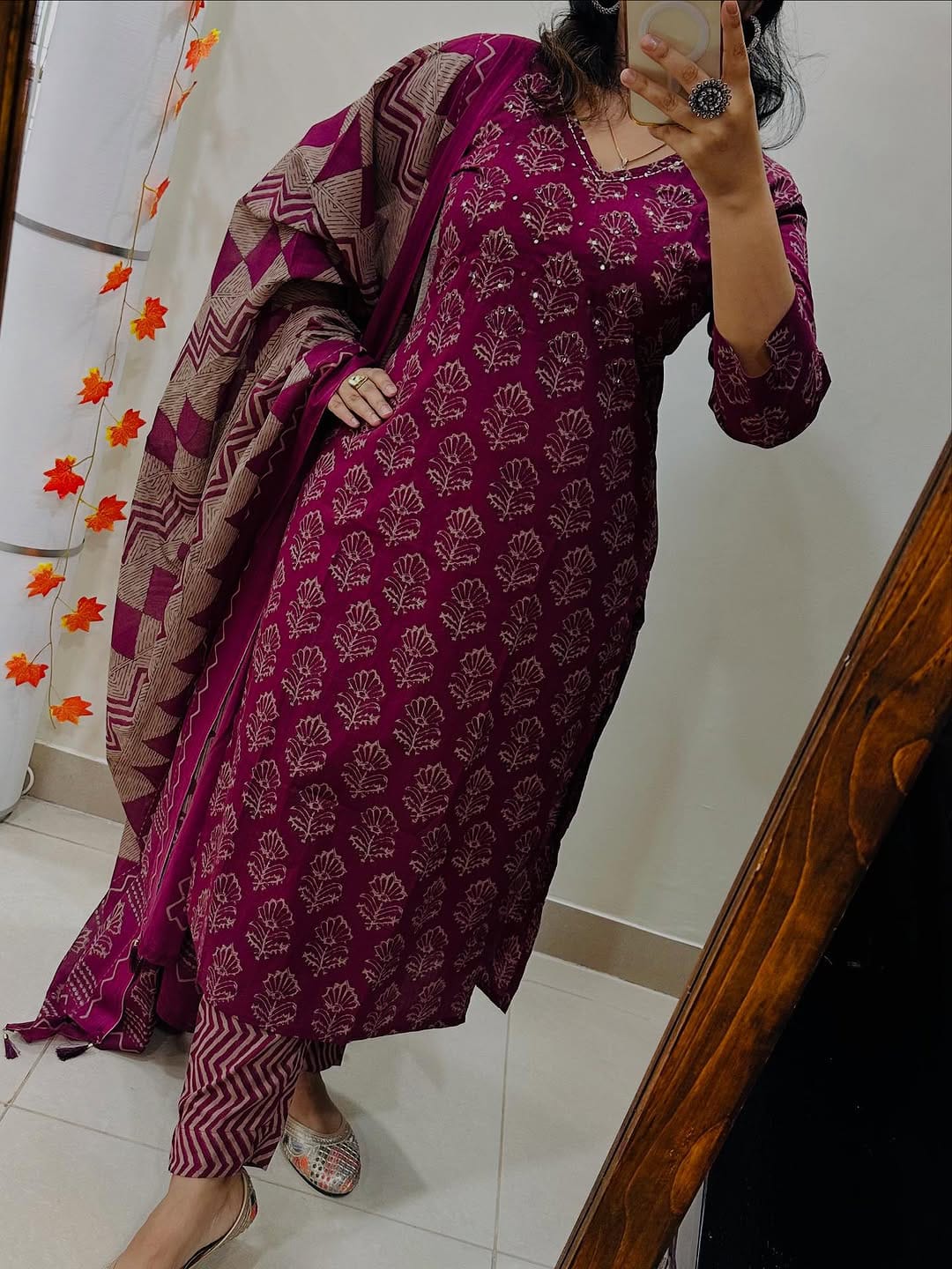 Beautiful Printed Wine Cotton Suit Set