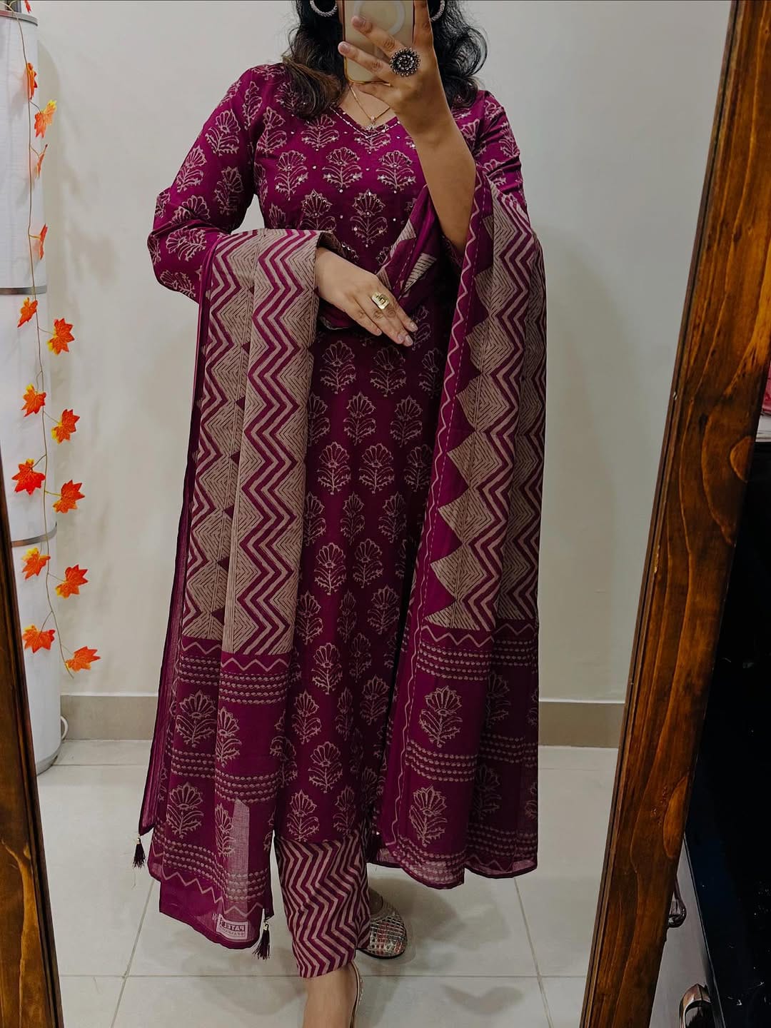 Beautiful Printed Wine Cotton Suit Set