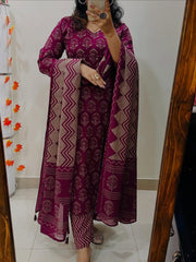 Beautiful Printed Wine Cotton Suit Set