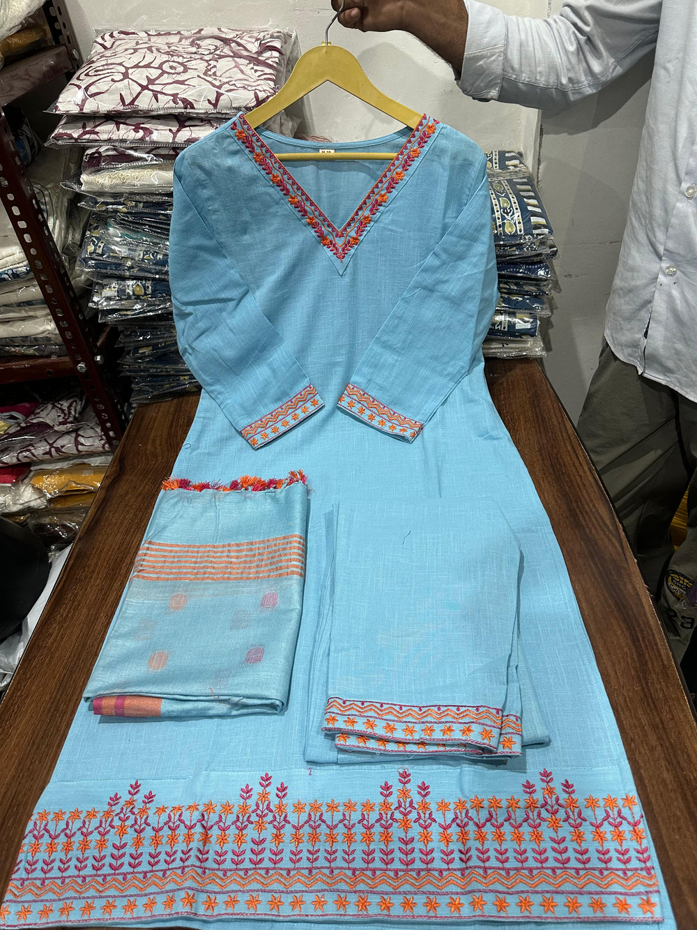 blue dupatta set, cotton dupatta set, suitkari