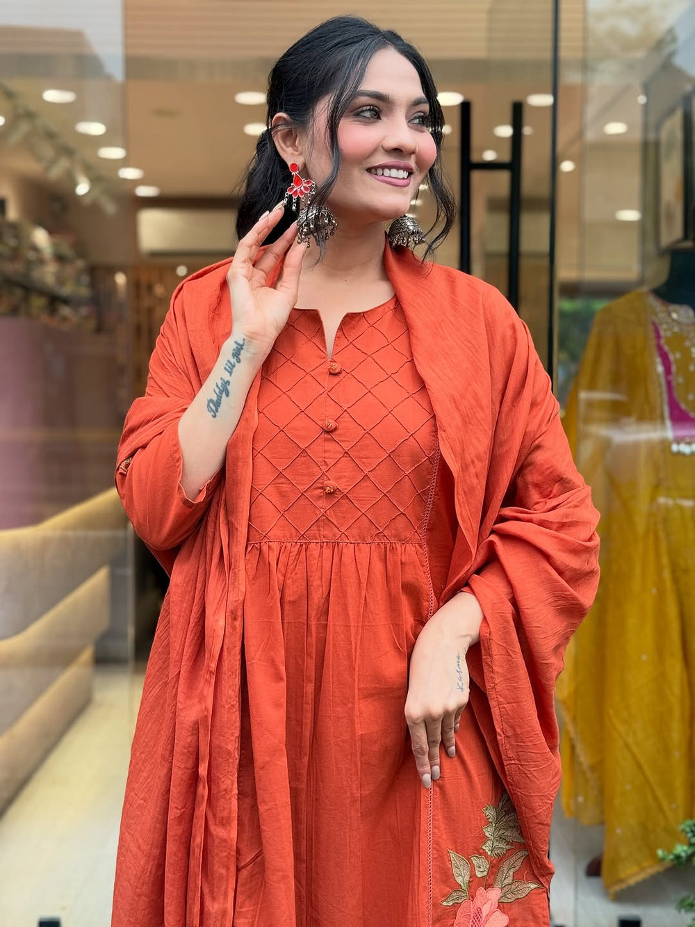 Orange dupatta set, embroidered Dupatta set, Suitkari