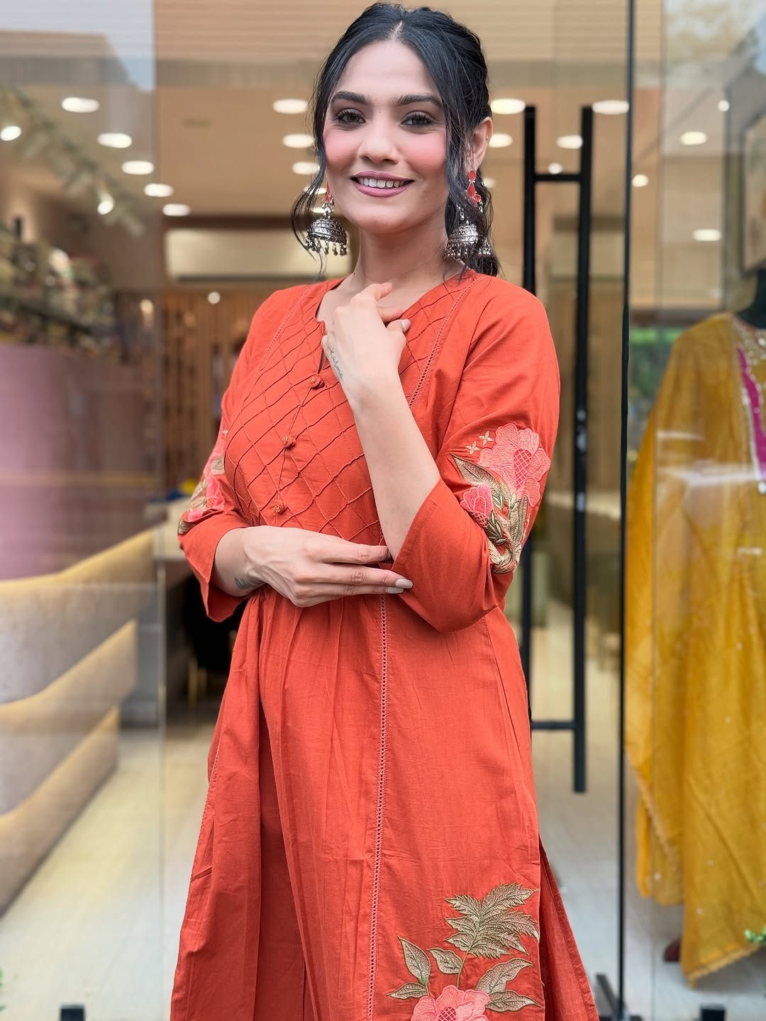 Orange dupatta set, embroidered Dupatta set, Suitkari