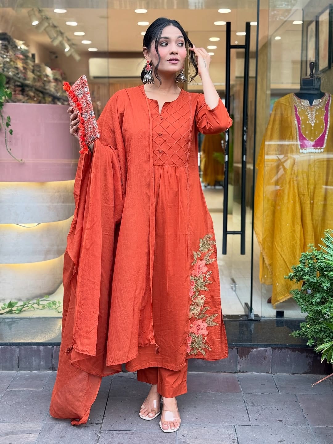 Orange dupatta set, embroidered Dupatta set, Suitkari