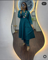 Teal Blue Cotton Embroidered Co-Ord Set
