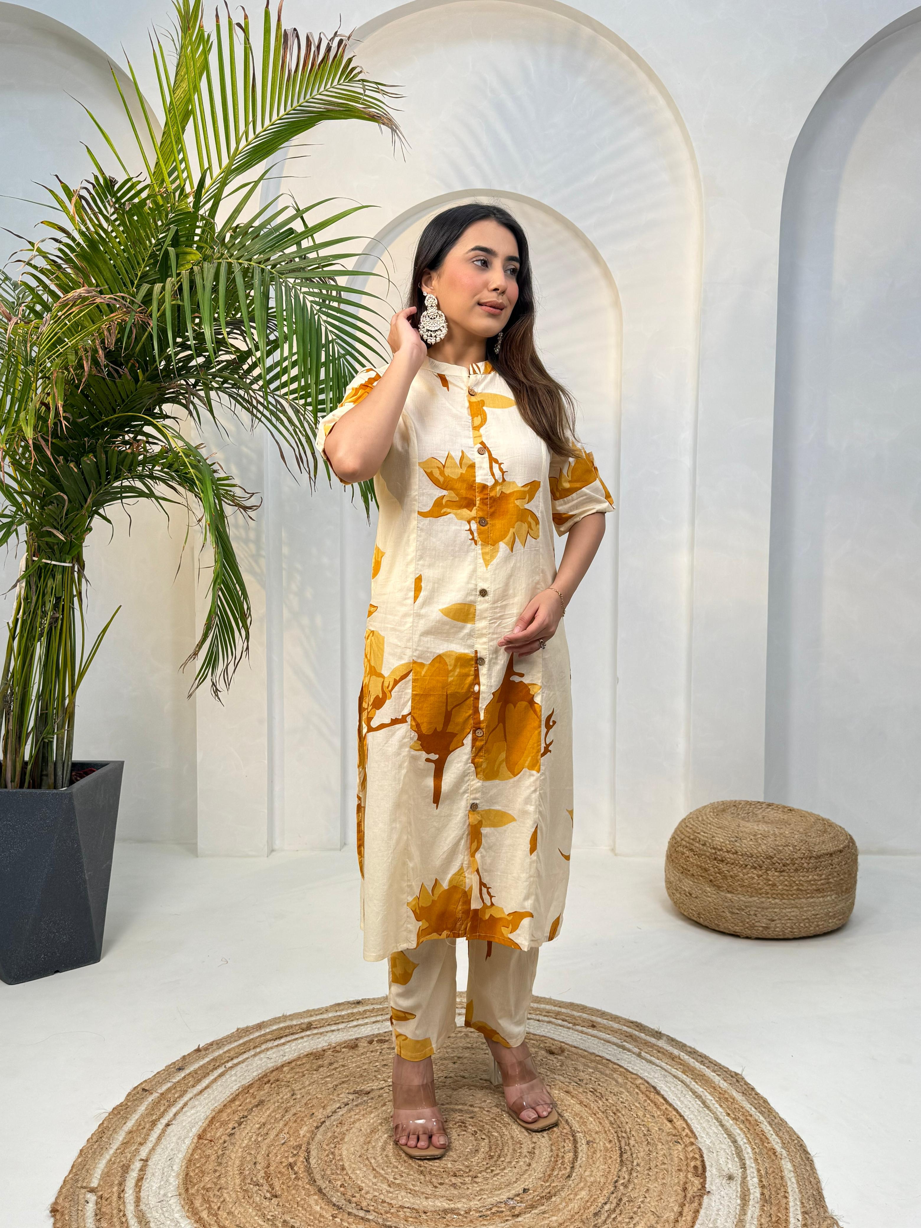 Cream & Mustard Floral Printed Co-Ord Set