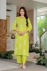 Elegant Lime Yellow Cotton Suit Set