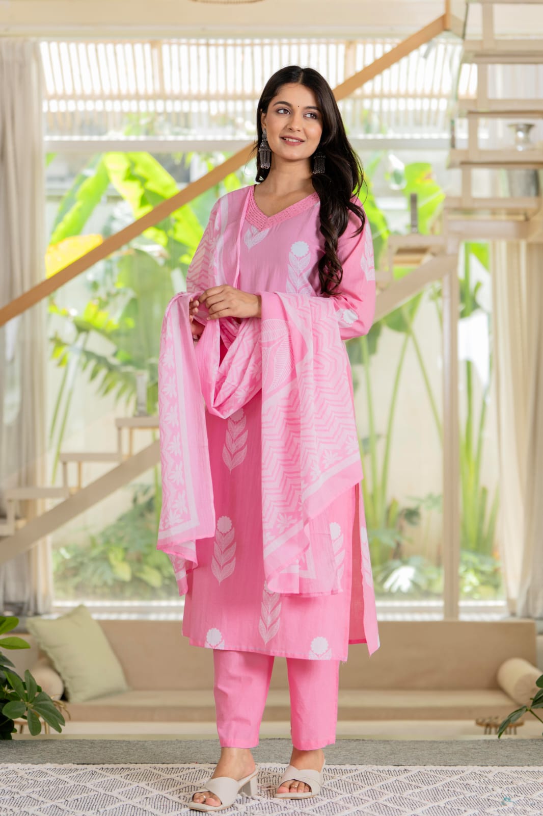 Elegant Pink Cotton Suit Set