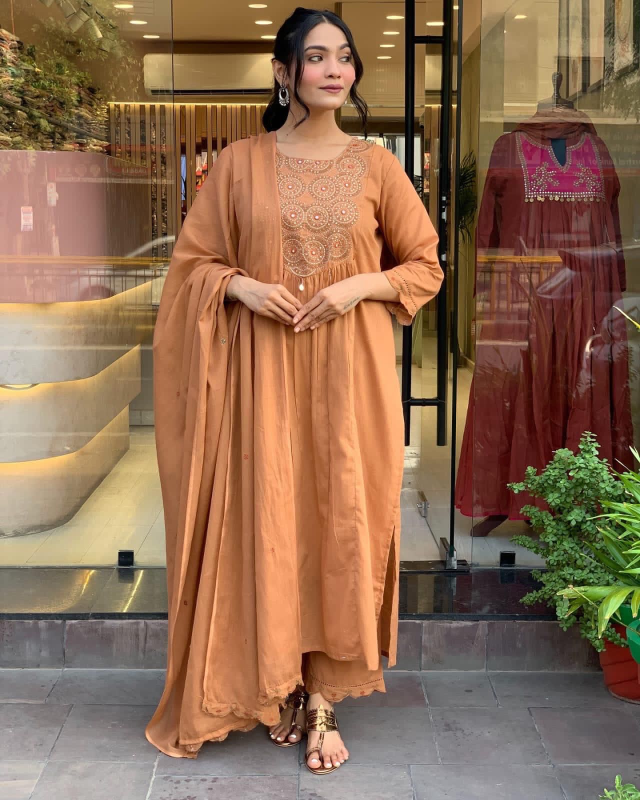 Brown Dupatta Set, Cotton Dupatta Set, Suitkari